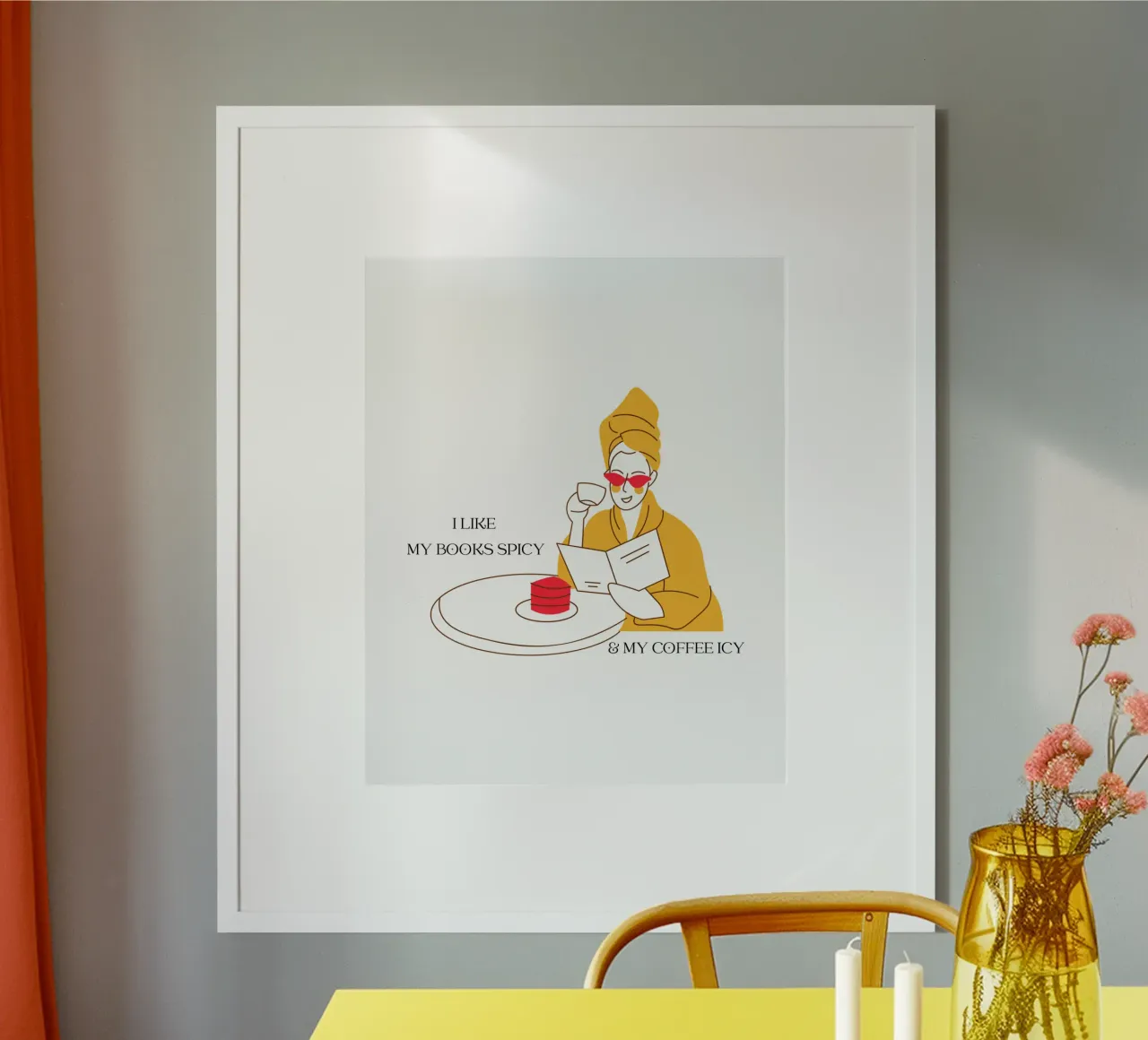 Donna con libro che ama leggere e bere caffè a colori poster con telaio in plastica da ArtDesign by KBK