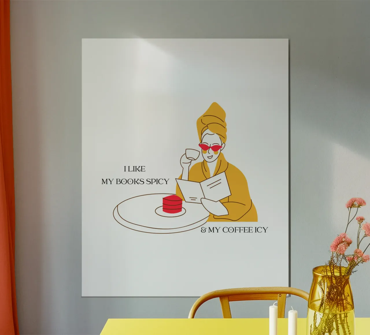 Donna con libro che ama leggere e bere caffè a colori poster con telaio in plastica da ArtDesign by KBK