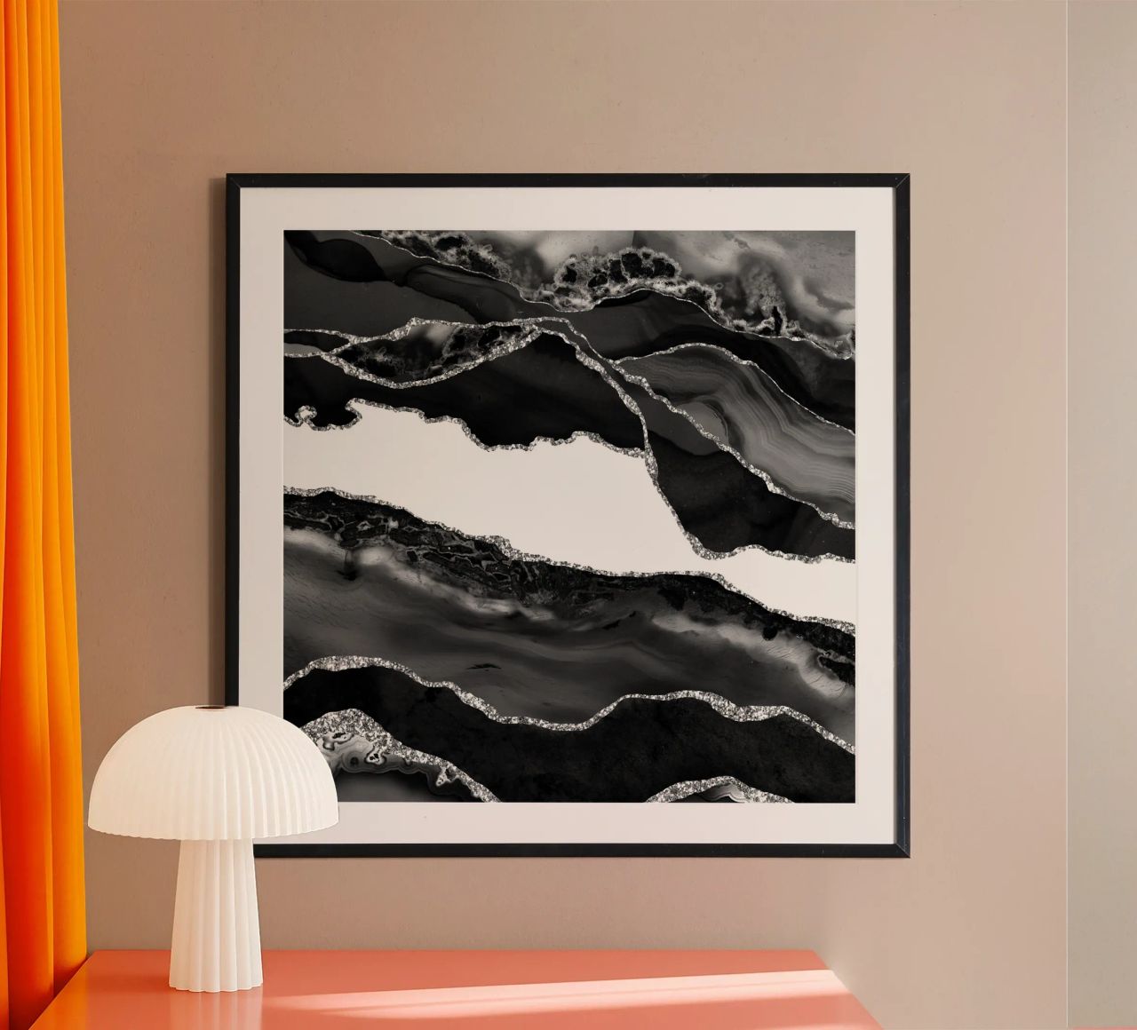Agata nera e argento Texture 06 poster con telaio in legno da Gemstone Textures