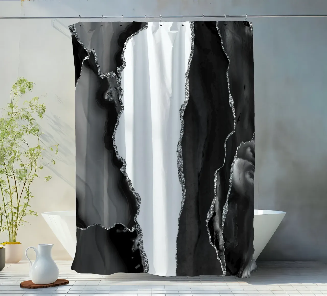 Schwarz & Silber Achat Struktur 07 Duschvorhang von Gemstone Textures