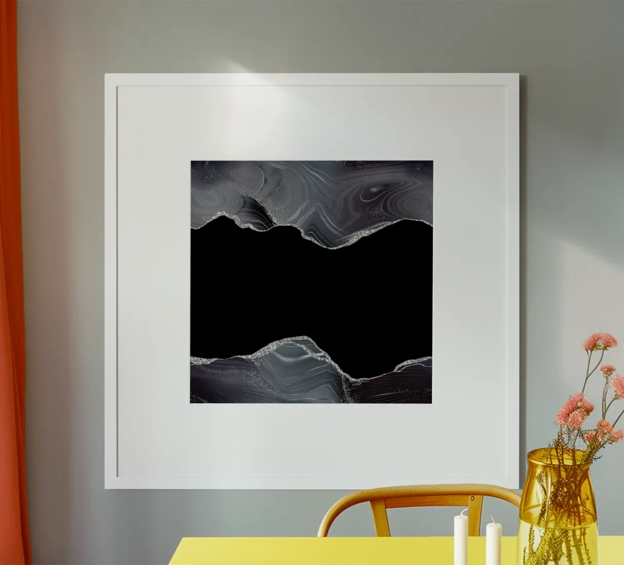 Texture Agata Glitterata Nera e Argento 04 poster con telaio in legno da Gemstone Textures