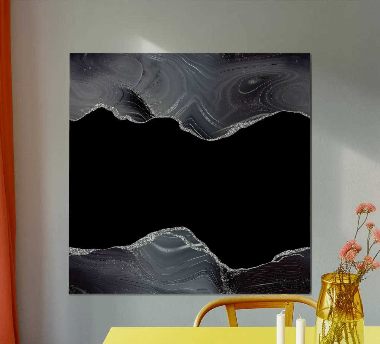 Texture Agata Glitterata Nera e Argento 04 poster con telaio in legno da Gemstone Textures