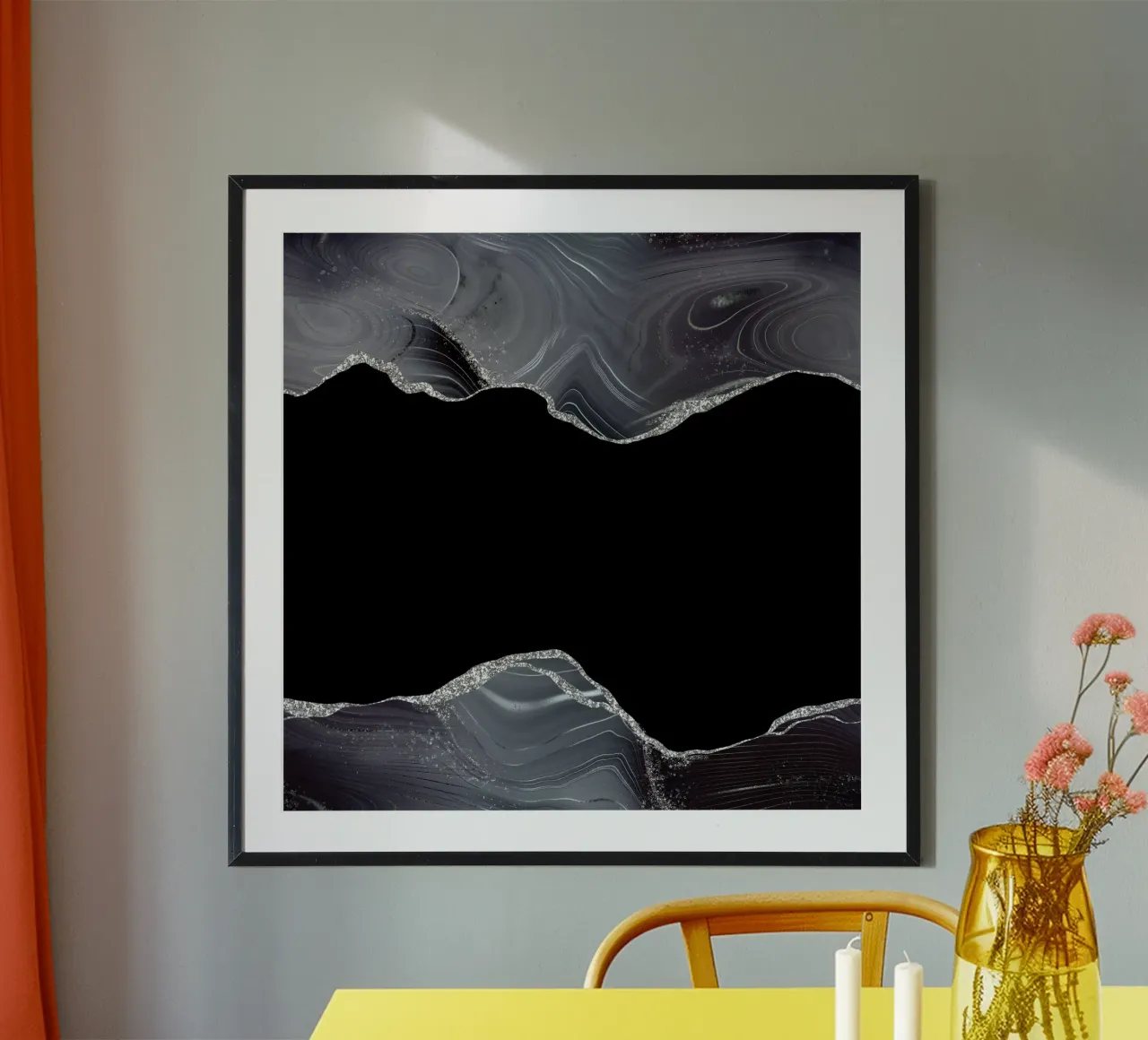 Texture Agata Glitterata Nera e Argento 04 poster con telaio in legno da Gemstone Textures