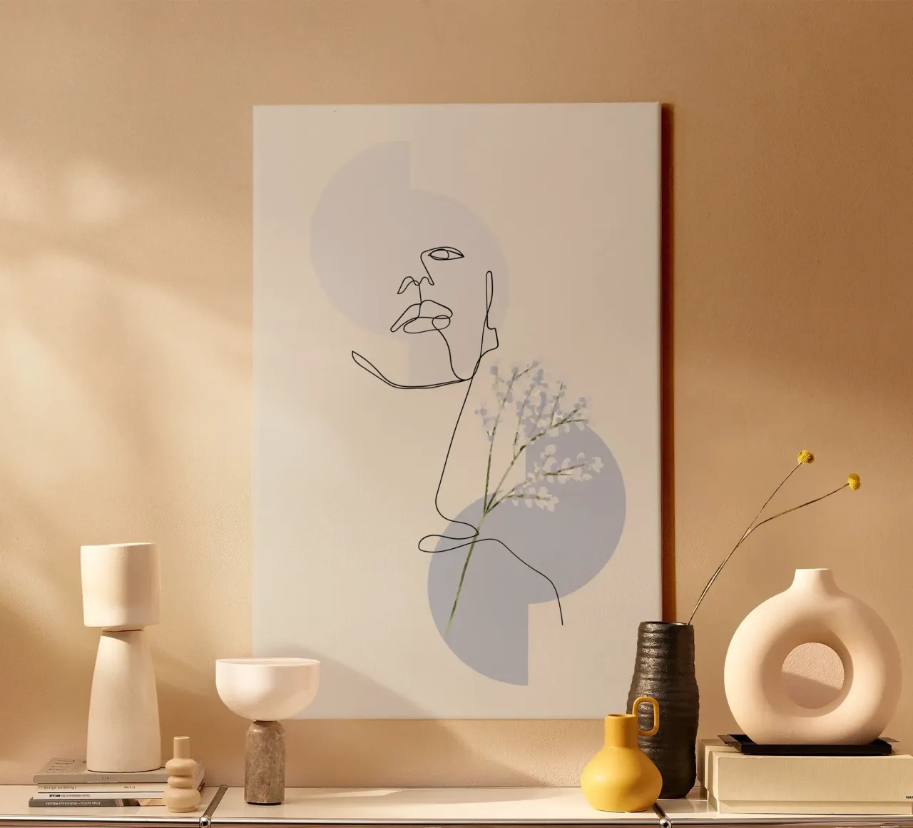 Woman with geometric shapes in the background canvas with Floater frame by ArtDesign by KBK