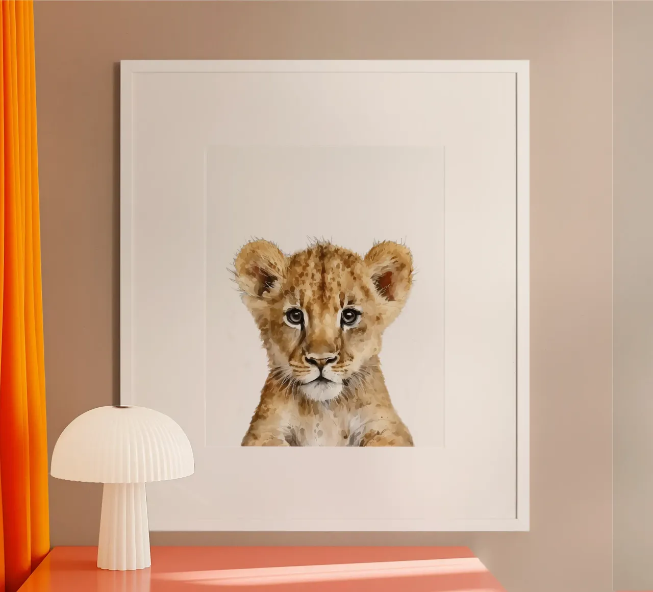 Poster acquerellato con cucciolo di leone, stampa per cameretta per bambini poster con telaio in legno da Little Lila