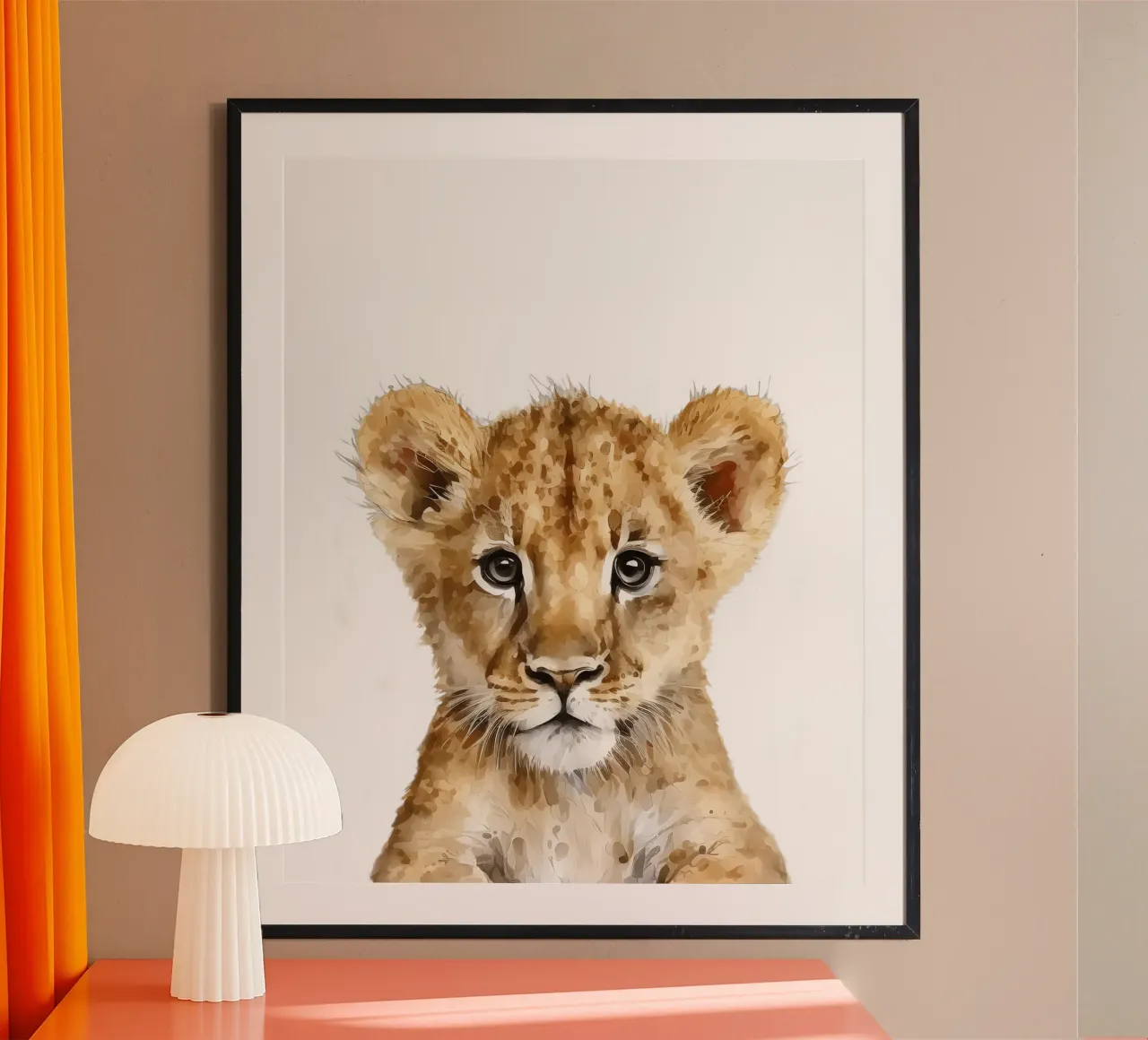 Poster acquerellato con cucciolo di leone, stampa per cameretta per bambini poster con telaio in legno da Little Lila