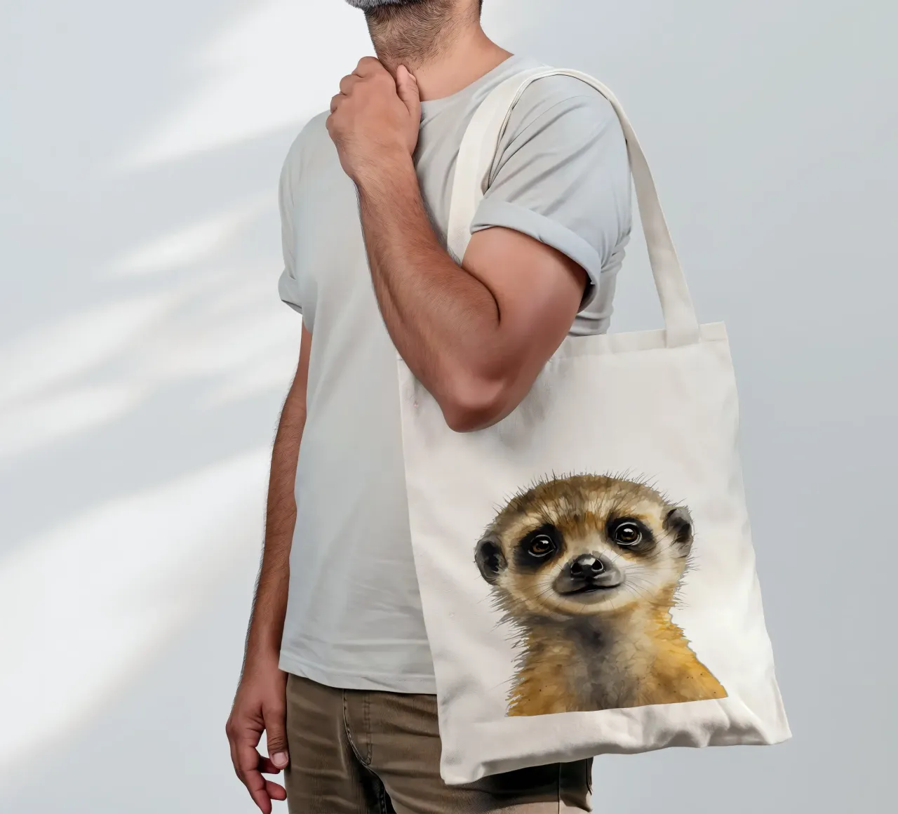 Stampa di un suricato per la cameretta, poster acquerellato di un simpatico animale safari borsa in juta da Little Lila