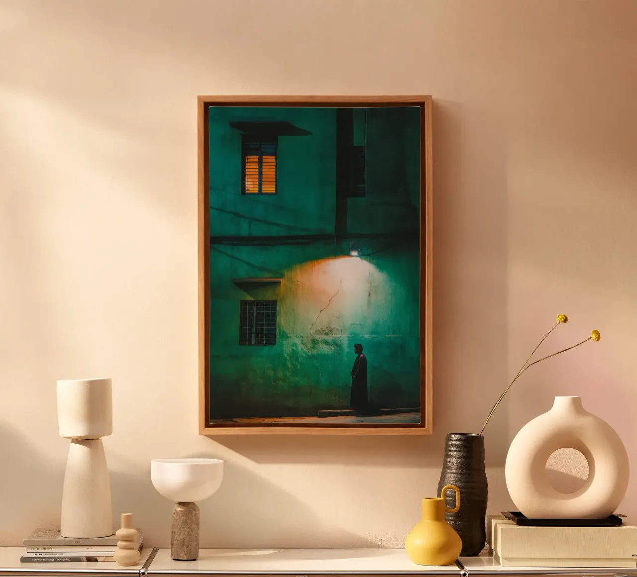 Silhouette and solitude in the shadow of lampposts canvas with Floater frame by By Night