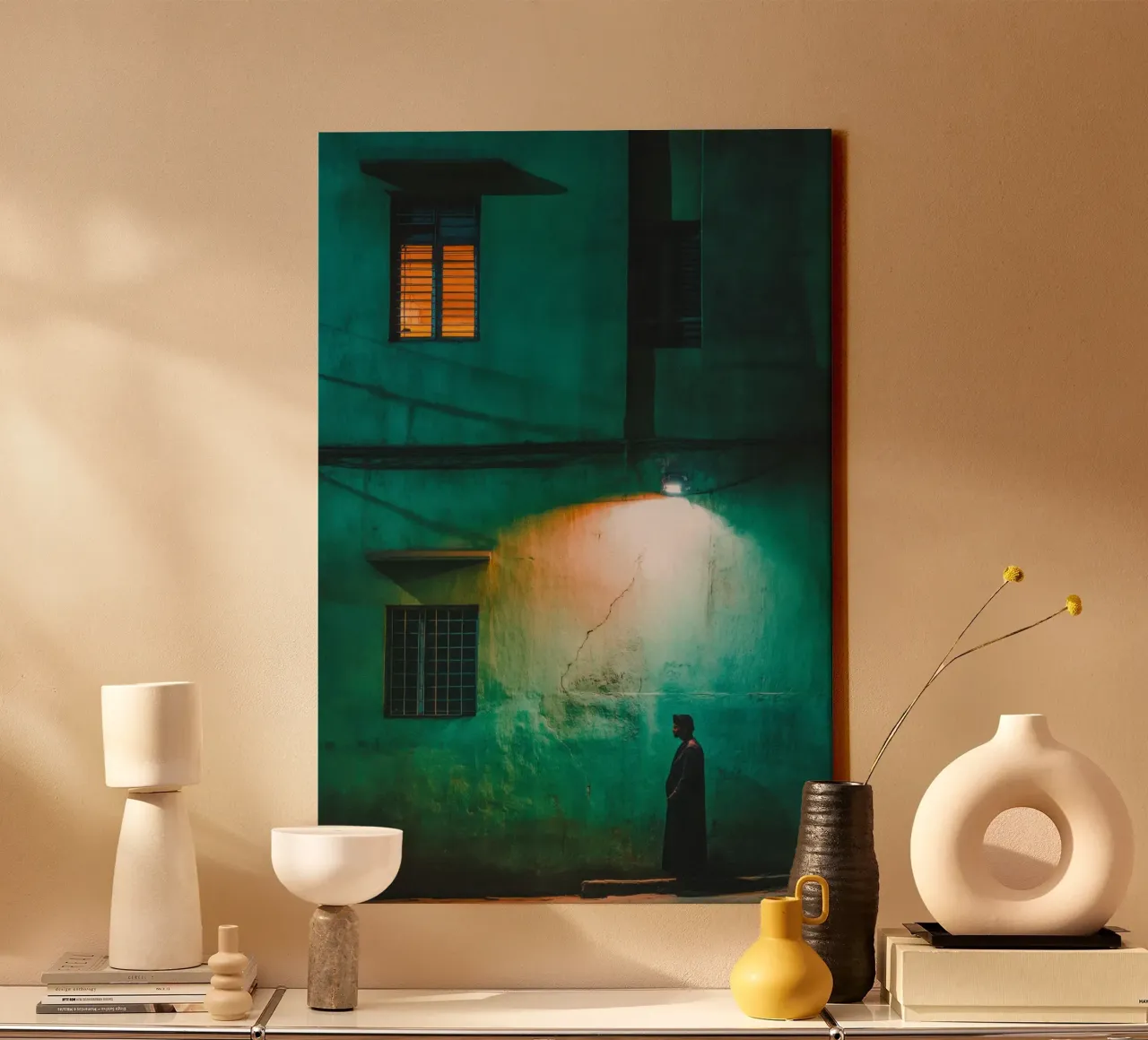 Silhouette and solitude in the shadow of lampposts canvas with Floater frame by By Night