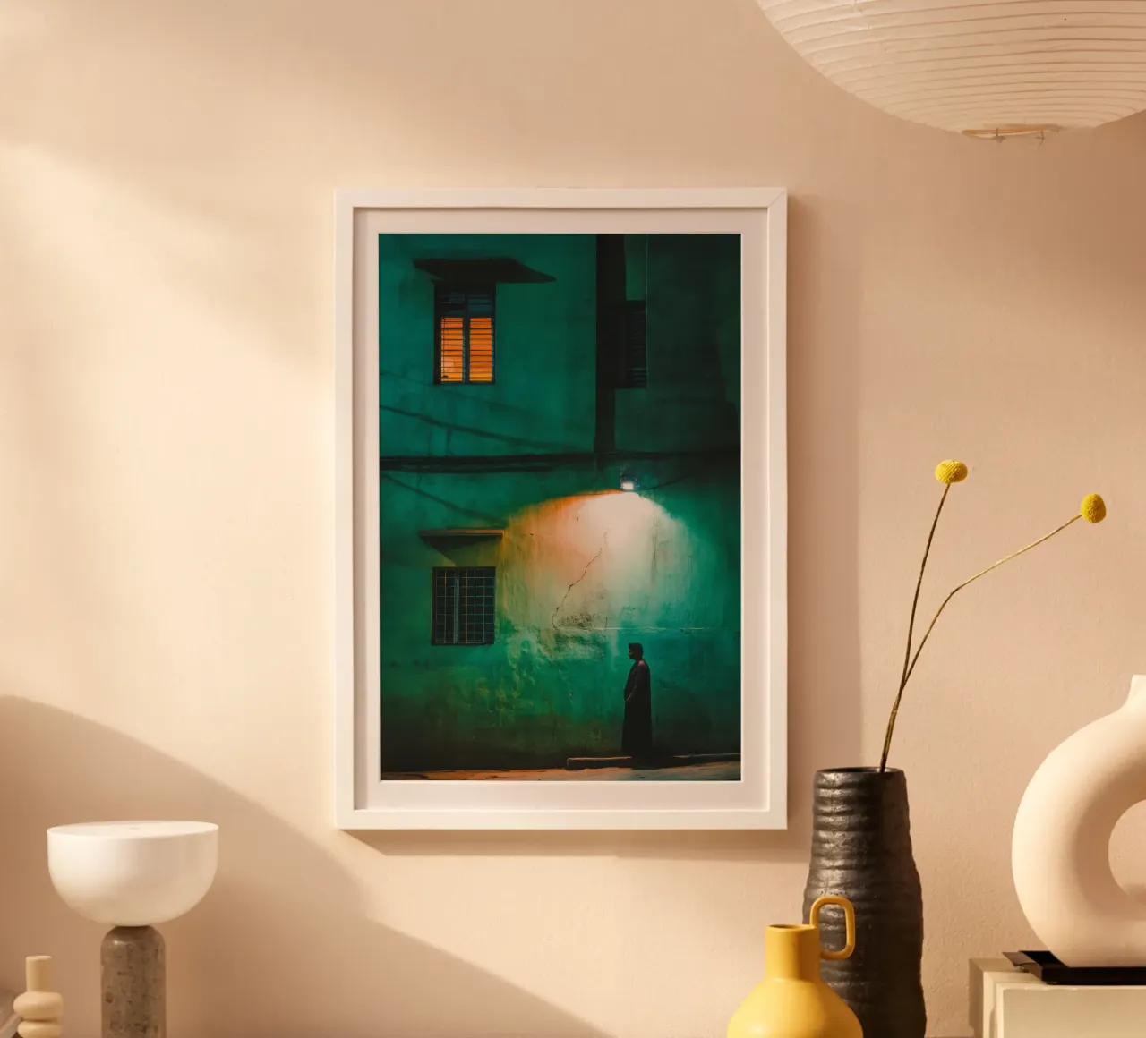 Silhouette and solitude in the shadow of lampposts poster with wooden frame by By Night