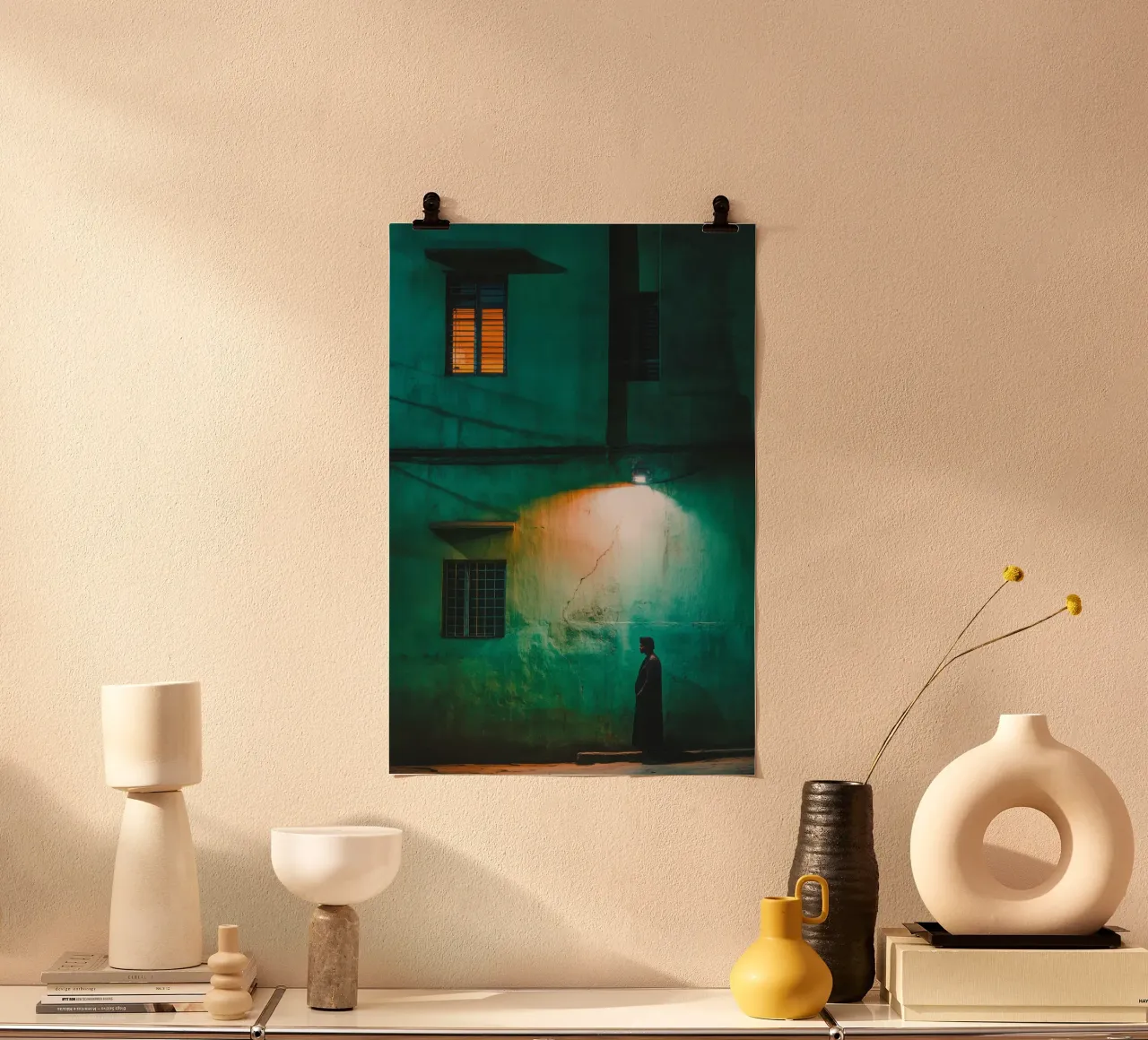 Silhouette and solitude in the shadow of lampposts poster with wooden frame by By Night