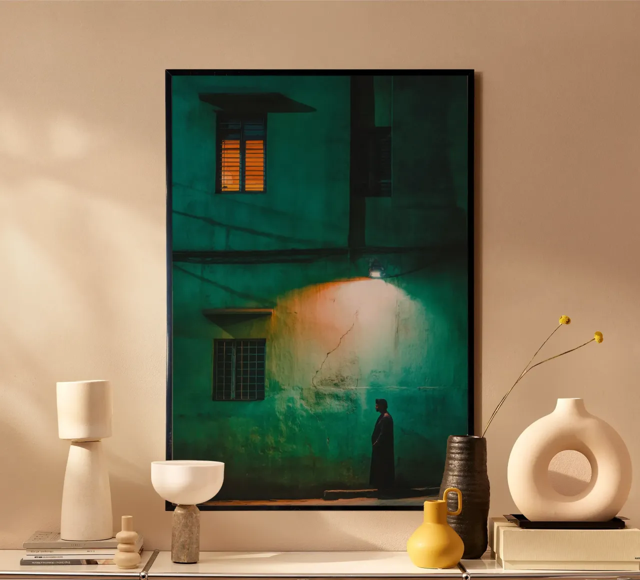 Silhouette and solitude in the shadow of lampposts poster with wooden frame by By Night