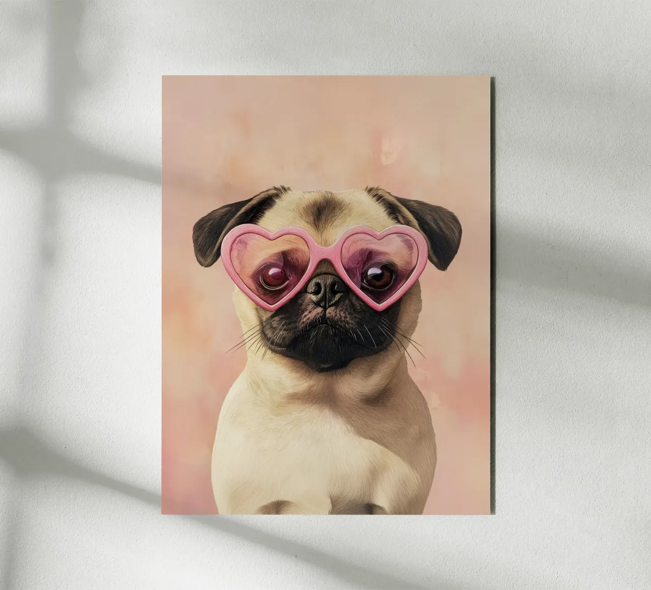 Mops avec lunettes en forme de cœur alu dibond de Carinaprint