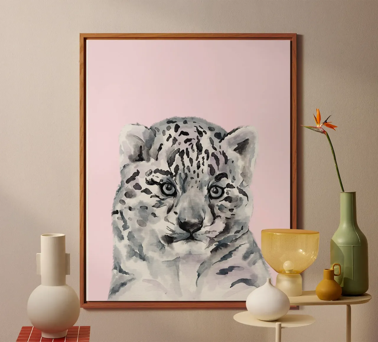 Poster pastello sulla fauna selvatica, simpatico leopardo delle nevi, stampa per l'asilo nido alluminio dibond da Little Lila