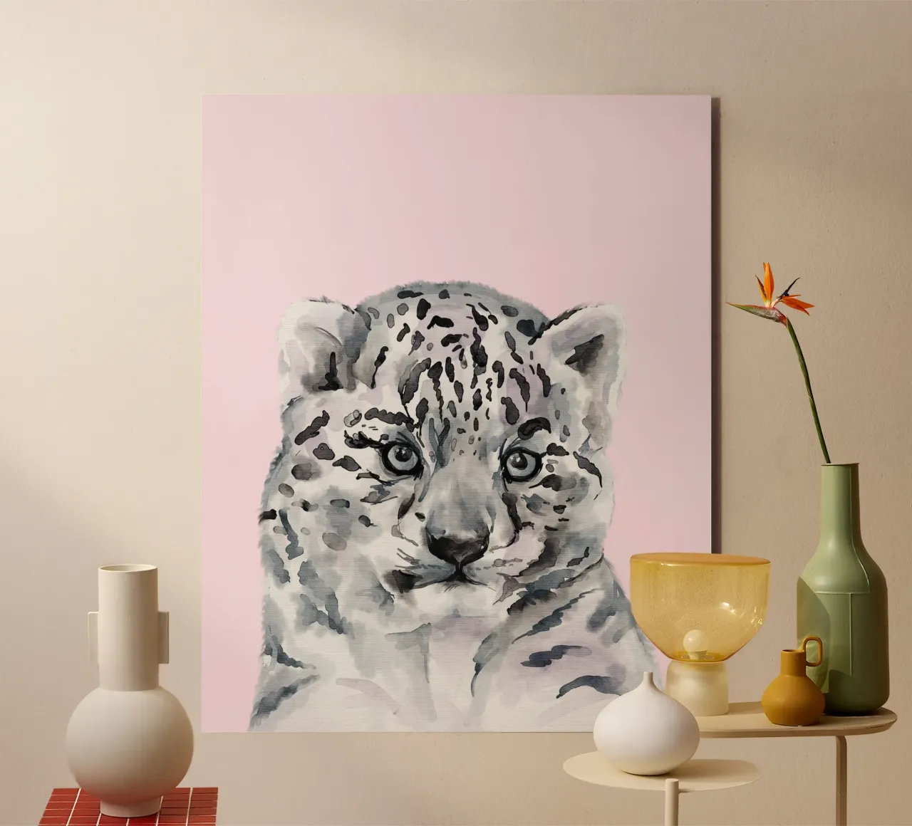 Poster pastello sulla fauna selvatica, simpatico leopardo delle nevi, stampa per l'asilo nido alluminio dibond da Little Lila
