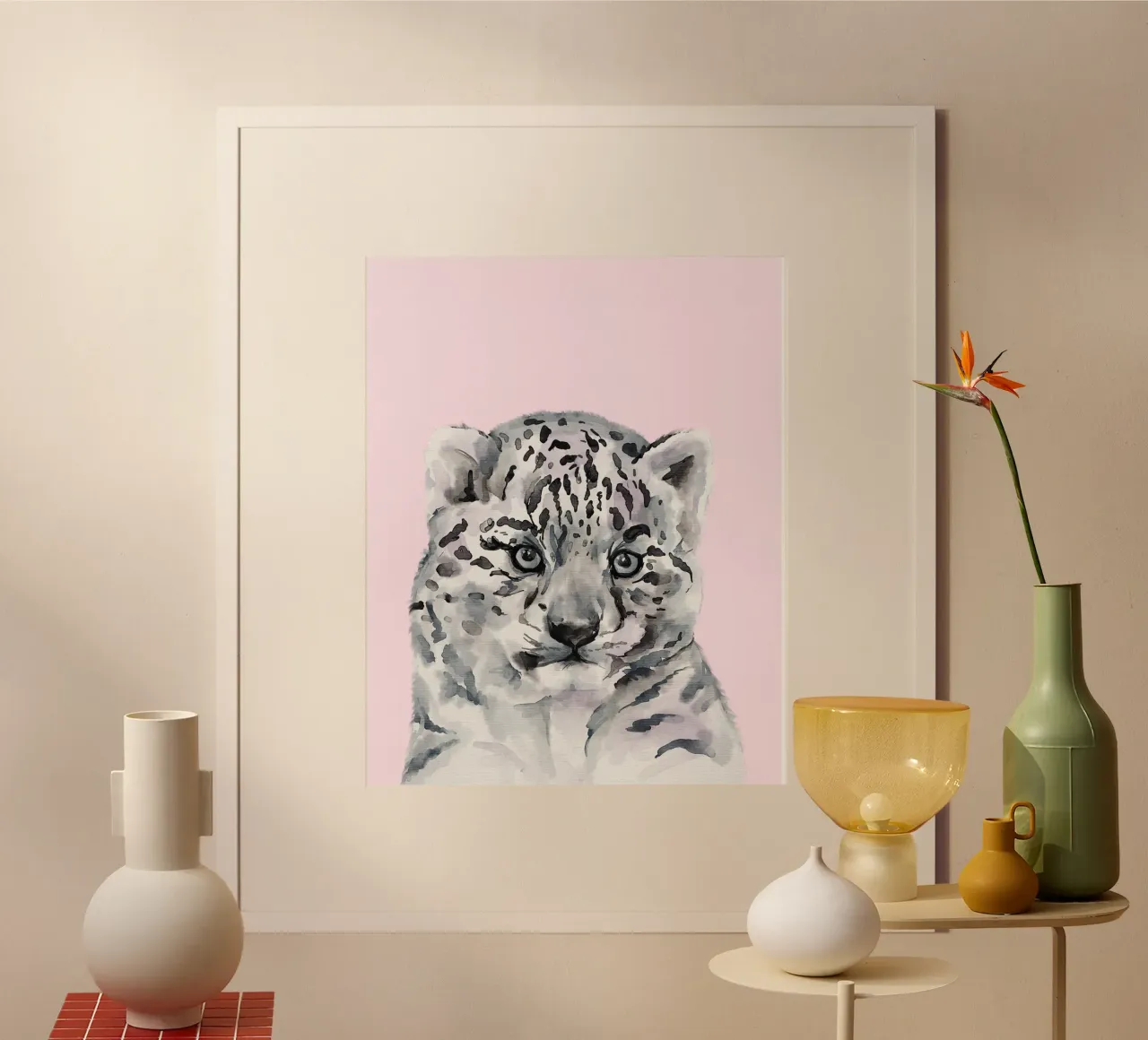 Poster pastello sulla fauna selvatica, simpatico leopardo delle nevi, stampa per l'asilo nido carta hahnemühle da Little Lila