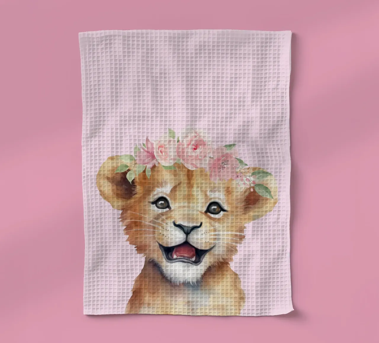 Cucciolo di leone con corona di fiori, poster per la camera dei bambini Safari canovaccio da cucina da Little Lila