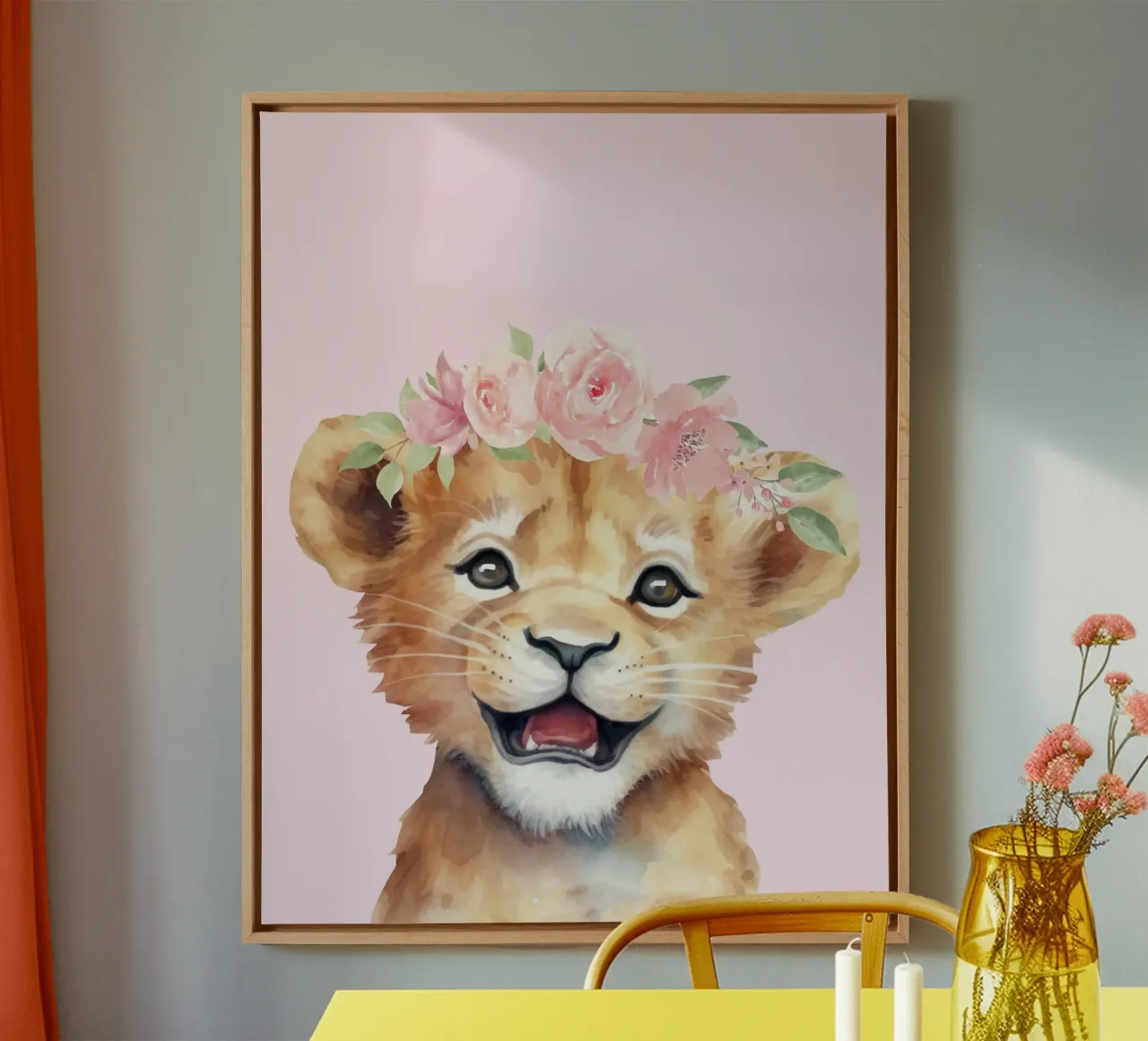 Cucciolo di leone con corona di fiori, poster per la camera dei bambini Safari tela con Cornice a cassetta da Little Lila