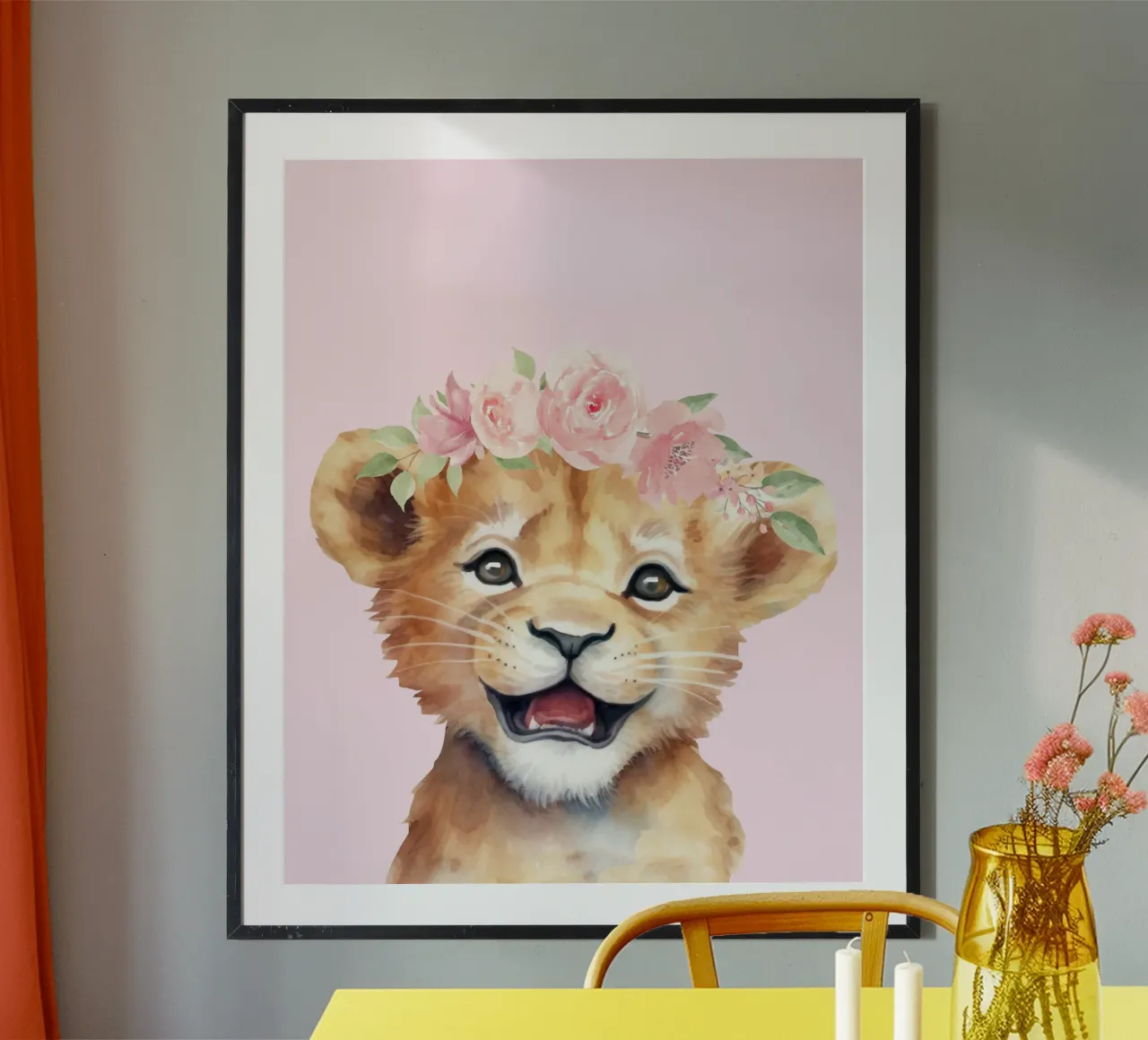 Cucciolo di leone con corona di fiori, poster per la camera dei bambini Safari carta hahnemühle da Little Lila