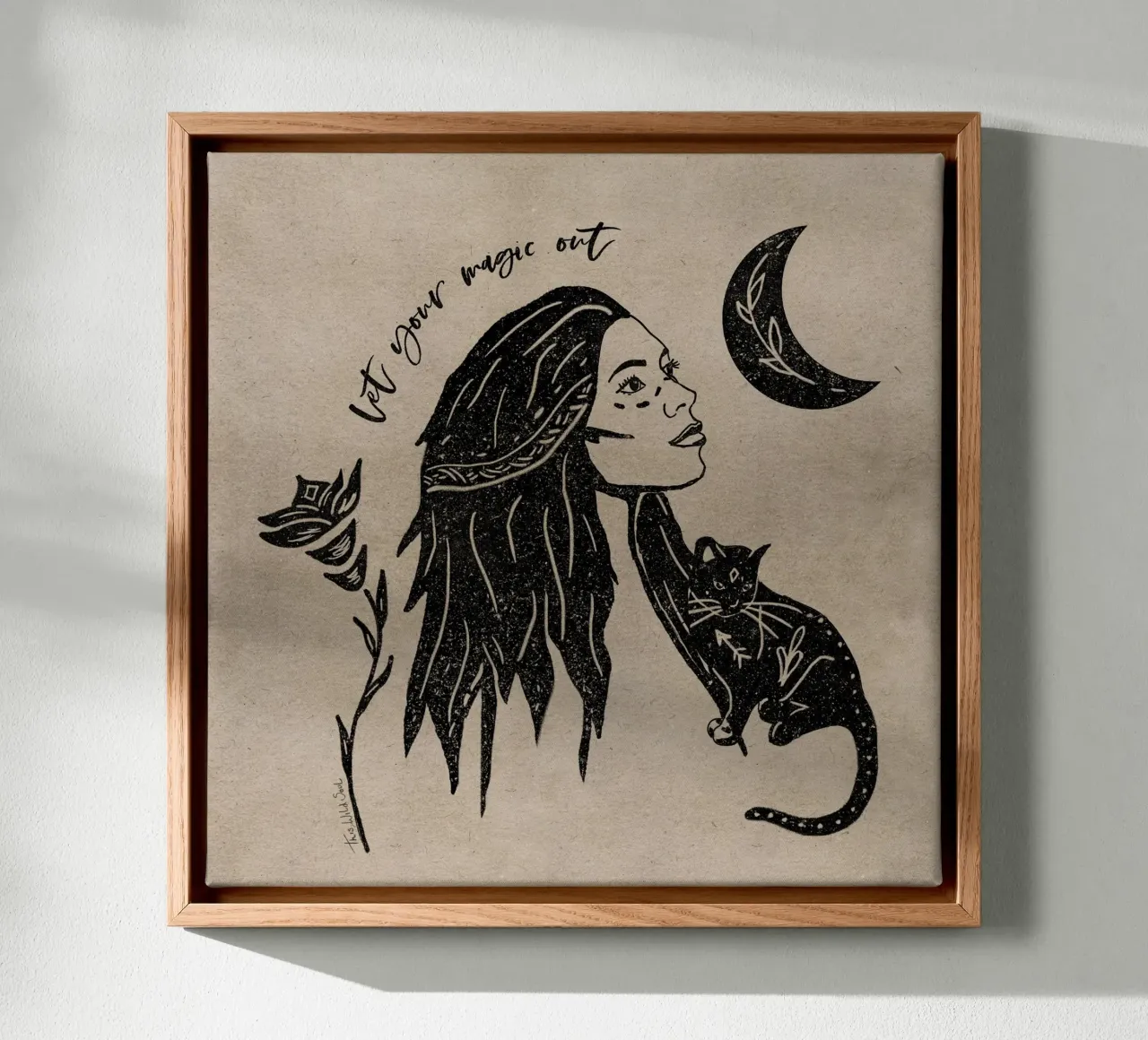 Let Your Magic Out - typographical moon, cat illustration canvas with Floater frame by This Wild Soul - Illustration