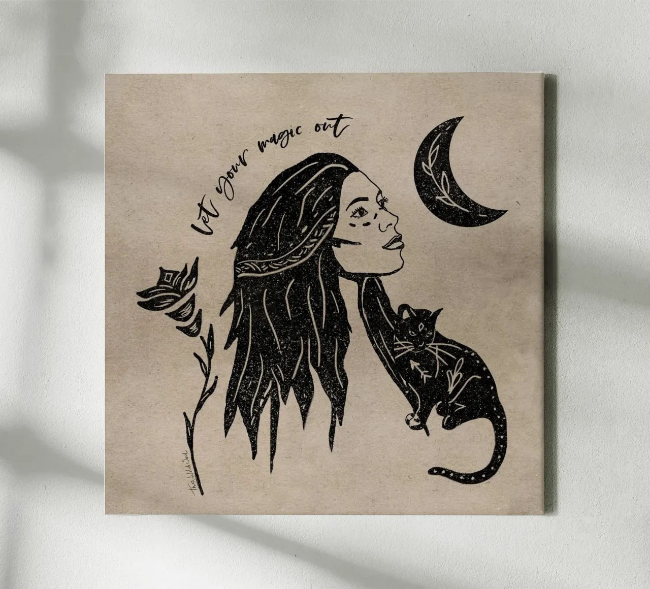 Let Your Magic Out - typographical moon, cat illustration canvas with Floater frame by This Wild Soul - Illustration