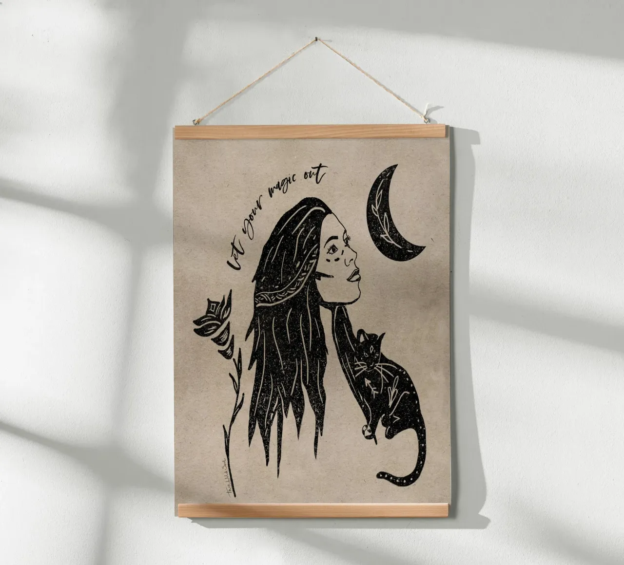 Let Your Magic Out - typographical moon, cat illustration poster by This Wild Soul - Illustration
