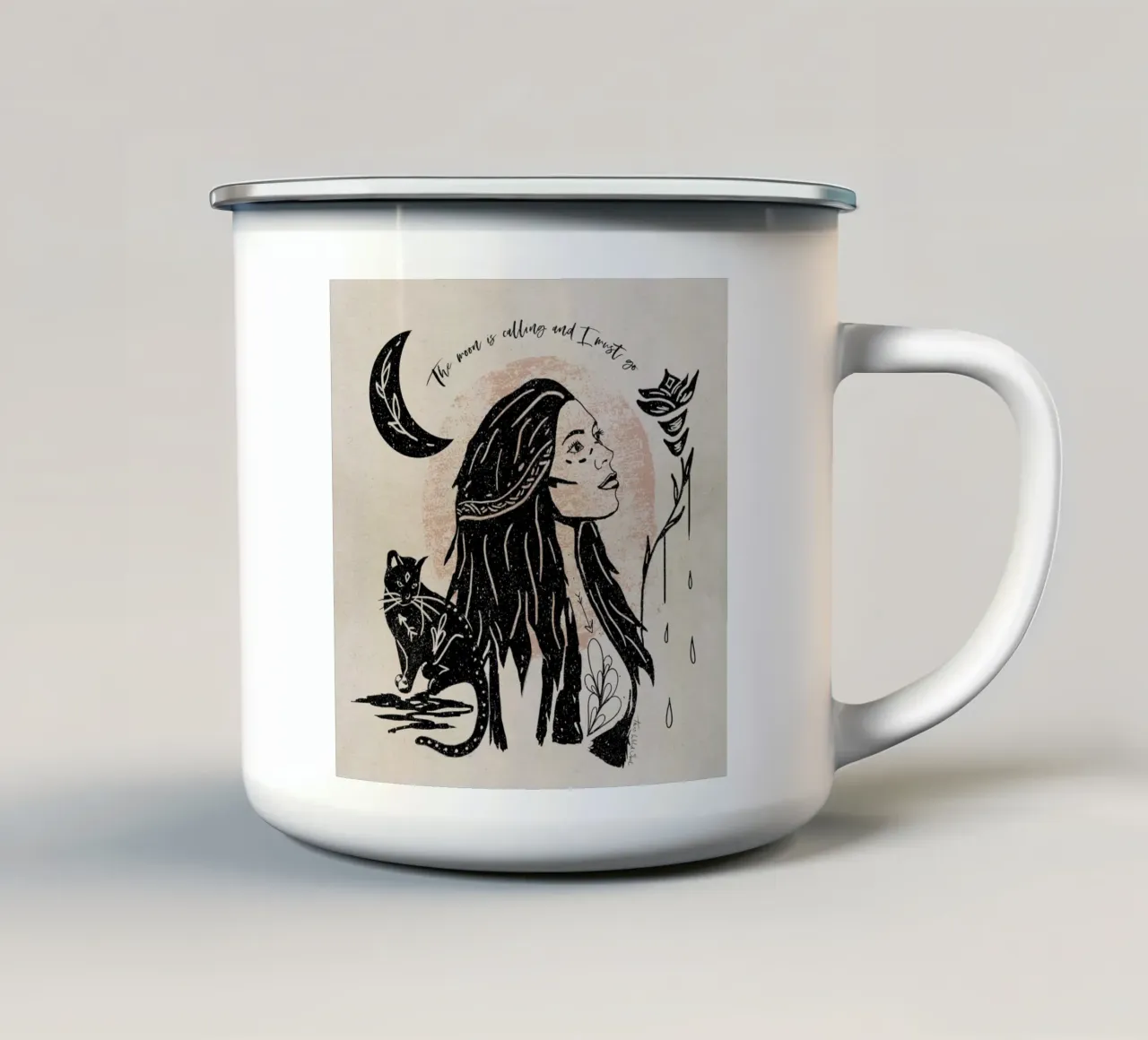 The Moon is Calling and I Must Go Typography Illustration enamel mug by This Wild Soul - Illustration
