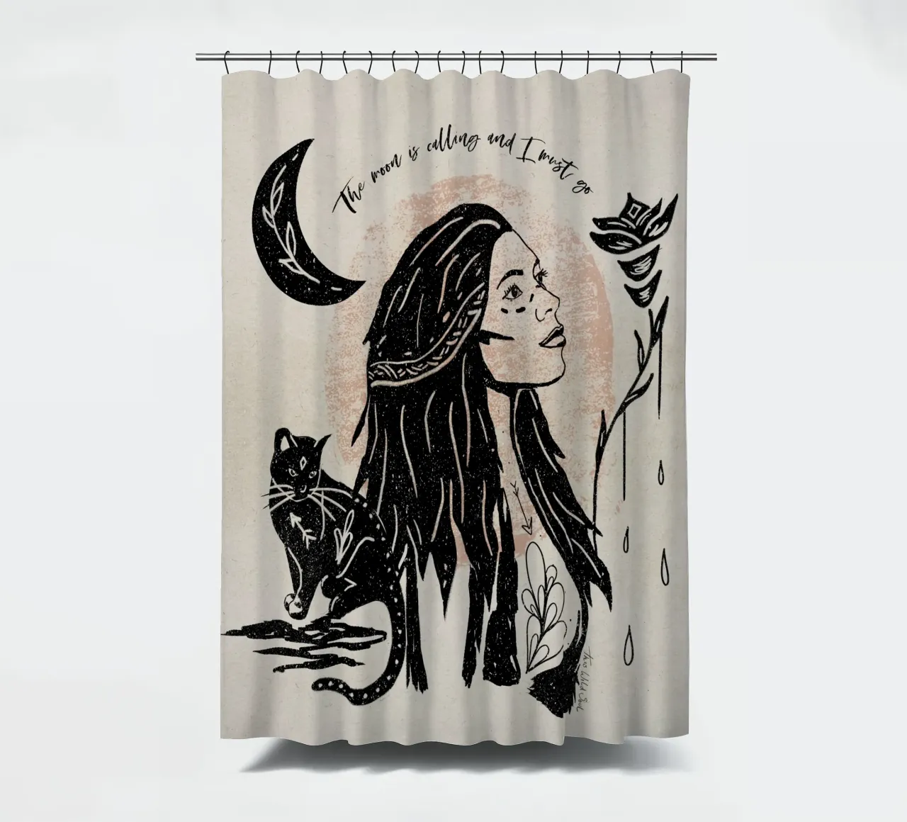 The Moon is Calling and I Must Go Typography Illustration shower curtain by This Wild Soul - Illustration