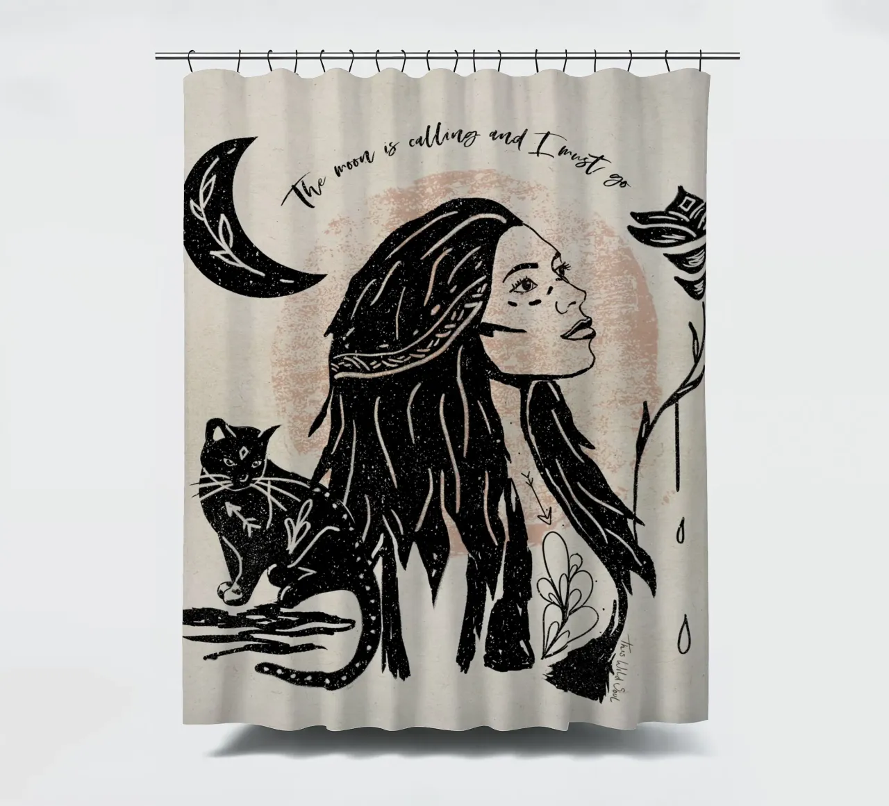 The Moon is Calling and I Must Go Typography Illustration shower curtain by This Wild Soul - Illustration