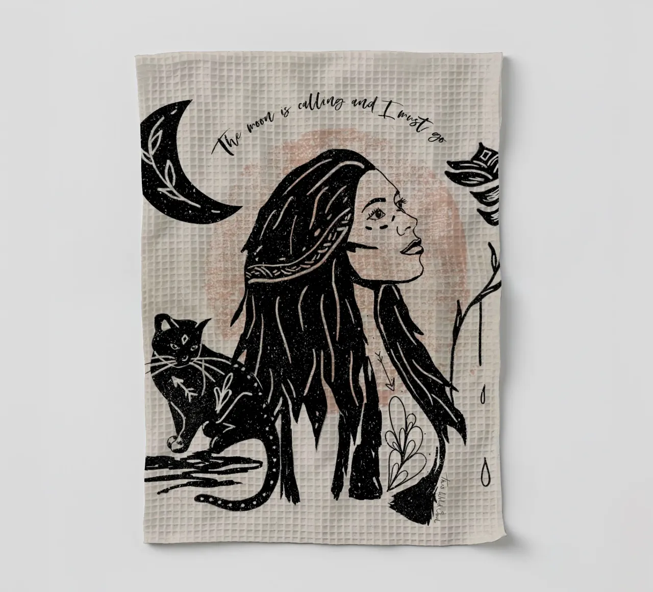 The Moon is Calling and I Must Go Typography Illustration tea towel by This Wild Soul - Illustration