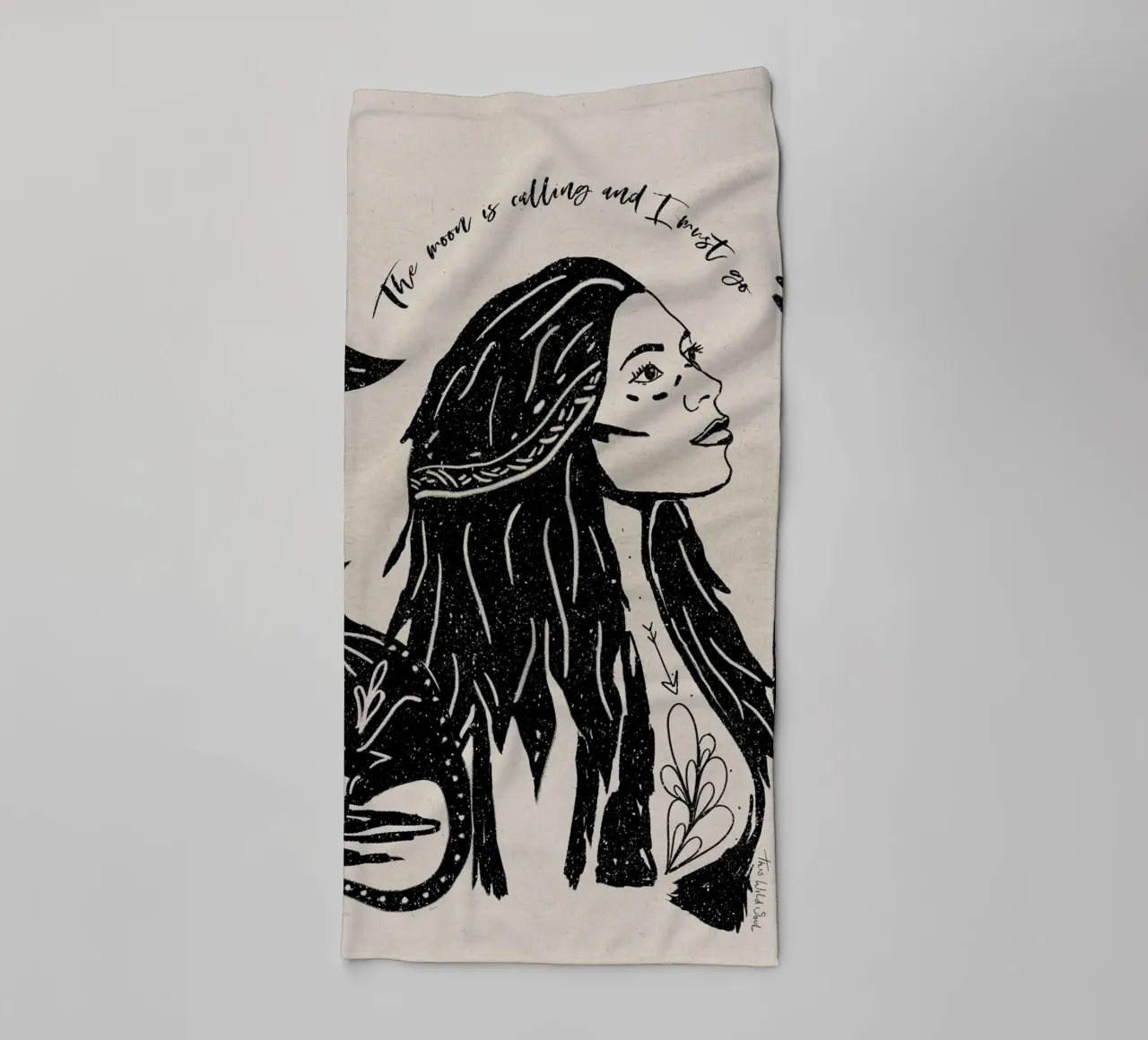 "The Moon is calling and I must Go" Tribal Witch Moon Black towel by This Wild Soul - Illustration