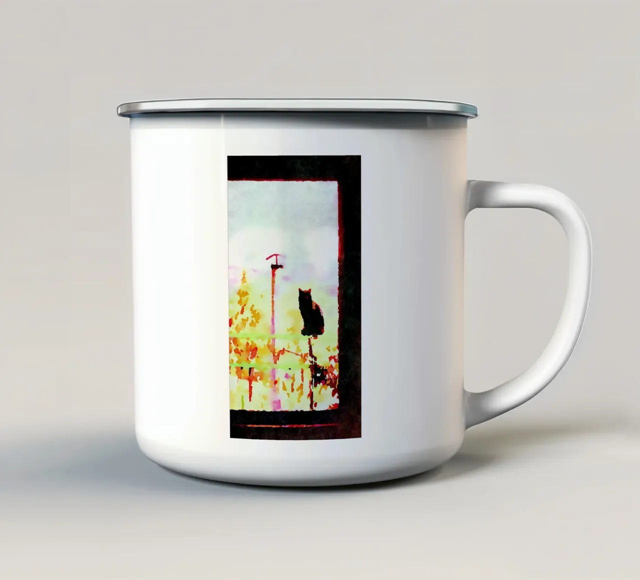 Black cat from the window in watercolor enamel mug by Massimo Frascogna