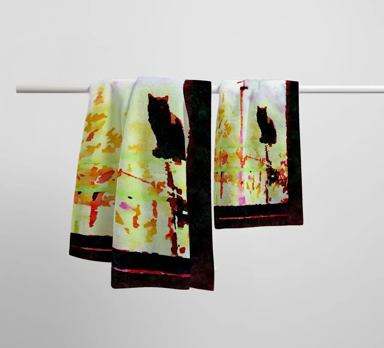 Black cat from the window in watercolor towel by Massimo Frascogna