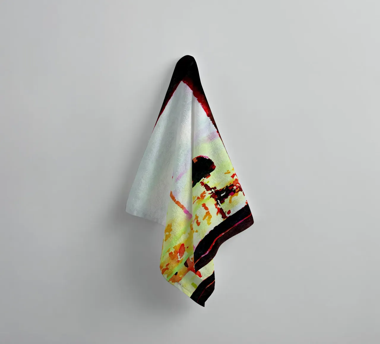 Black cat from the window in watercolor towel by Massimo Frascogna