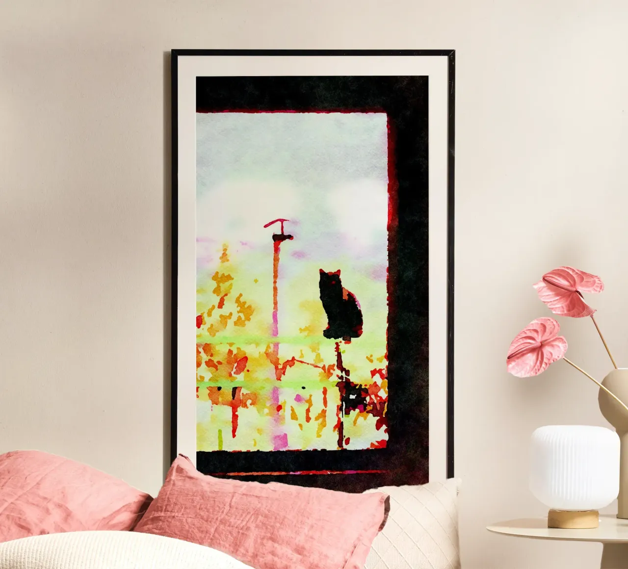 Black cat from the window in watercolor poster with aluminum frame by Massimo Frascogna