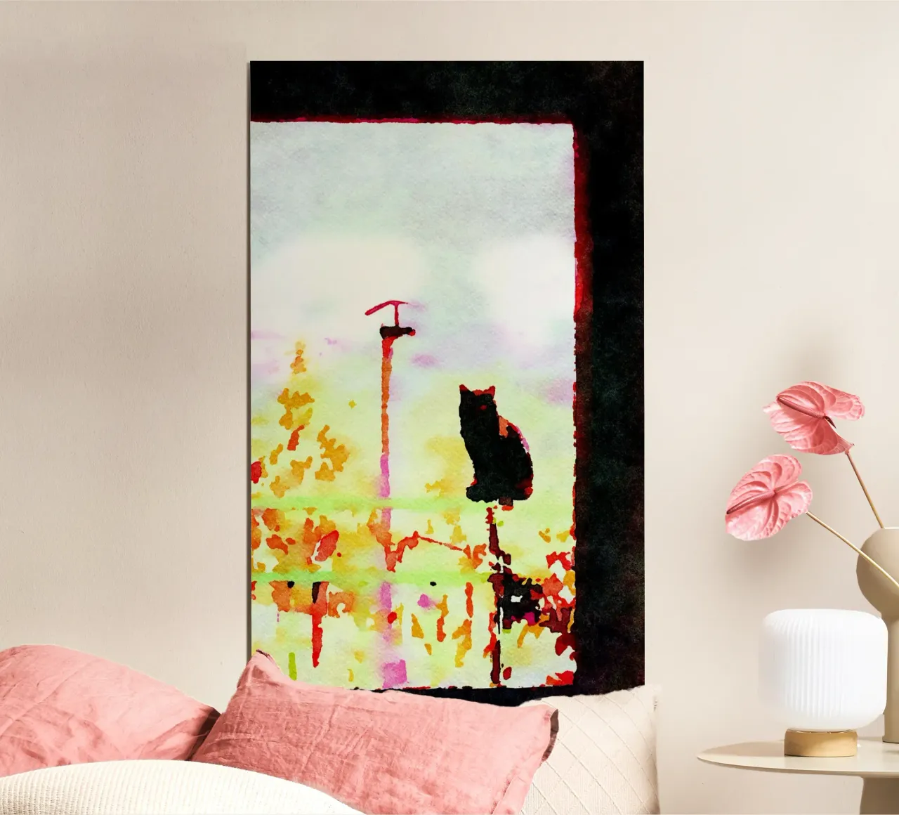 Black cat from the window in watercolor poster with aluminum frame by Massimo Frascogna