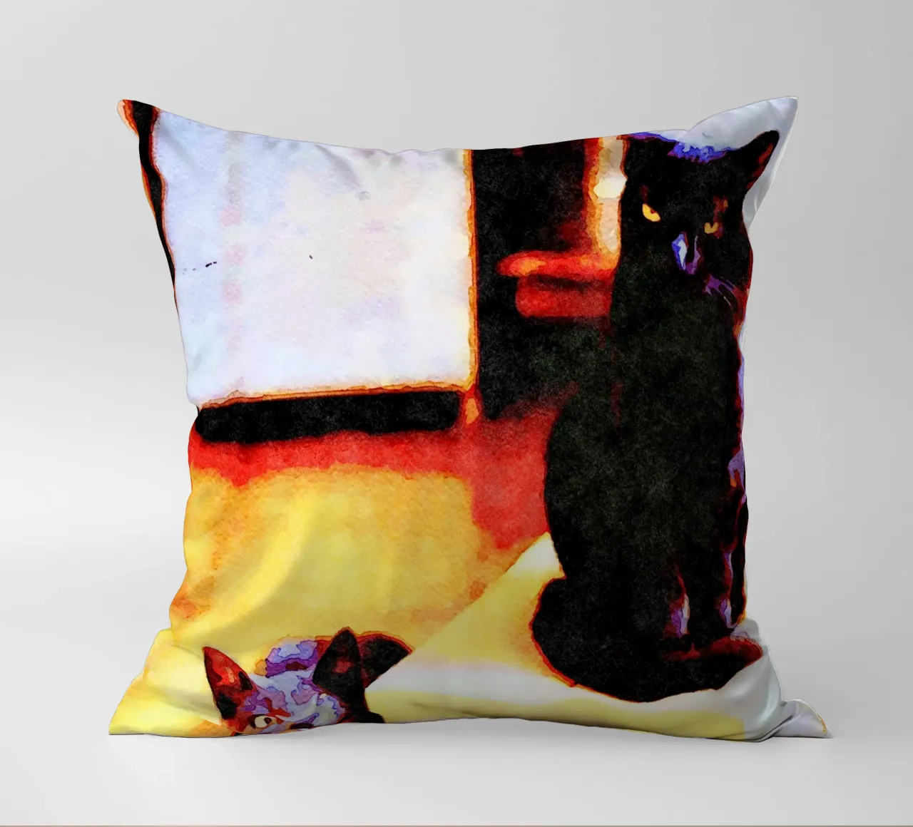Gatto nero e gatto grigio in acquerello cuscino da Massimo Frascogna