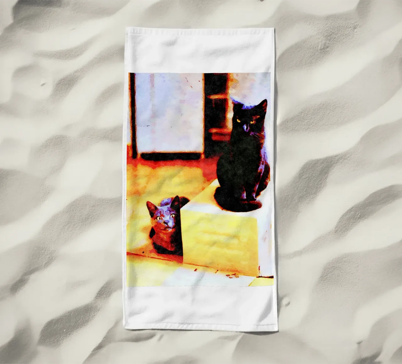 Gatto nero e gatto grigio in acquerello telo mare da Massimo Frascogna