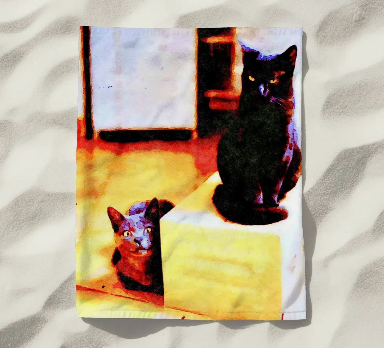 Gatto nero e gatto grigio in acquerello telo mare da Massimo Frascogna