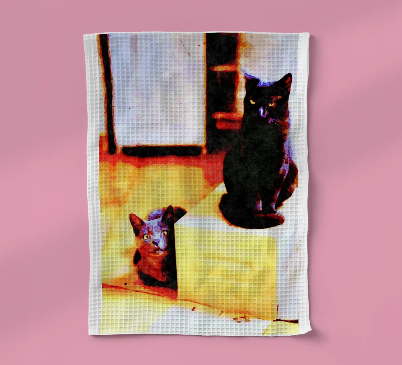 Gatto nero e gatto grigio in acquerello canovaccio da cucina da Massimo Frascogna