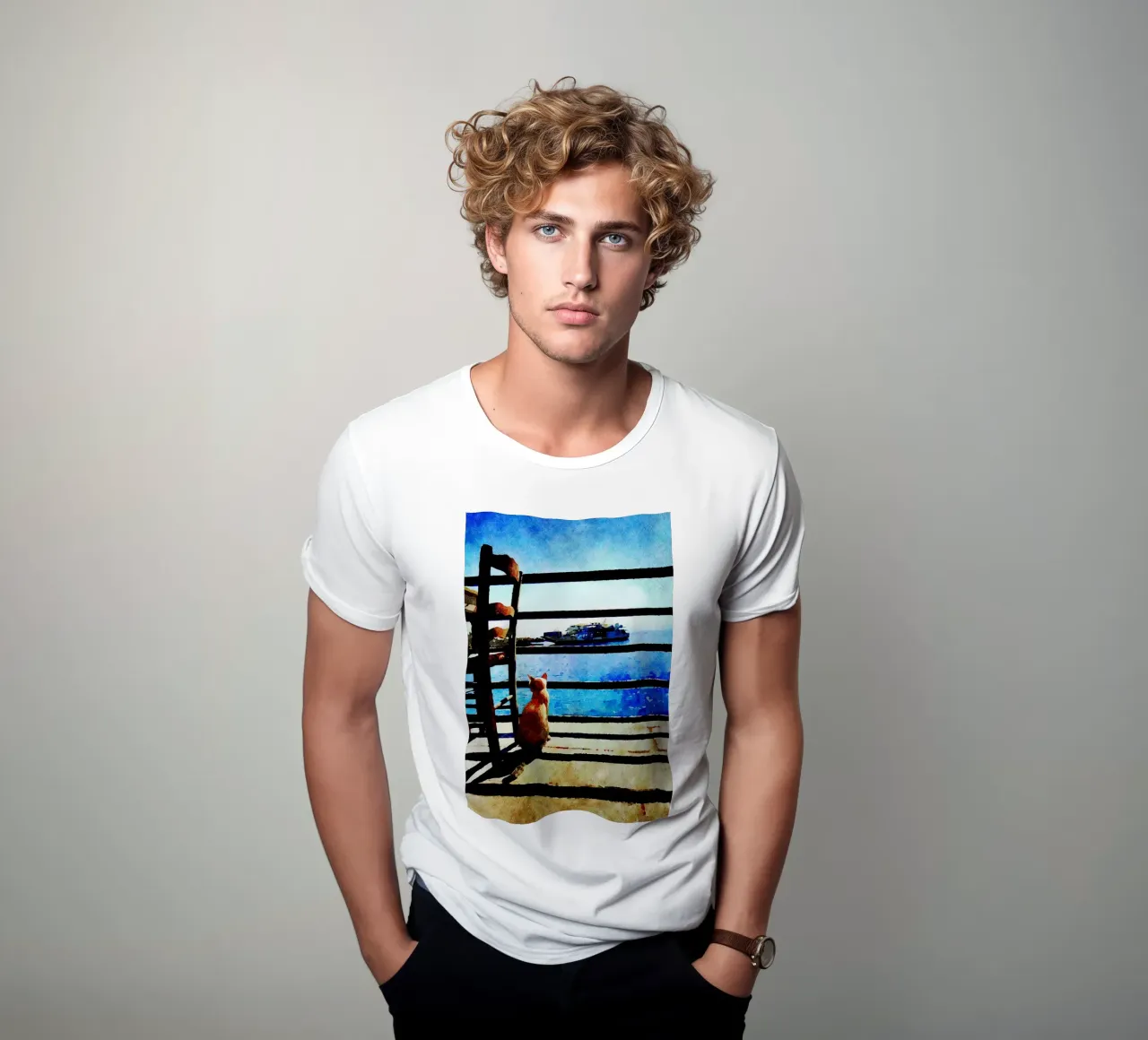 Gatto e mare in acquerello t-shirt da Massimo Frascogna