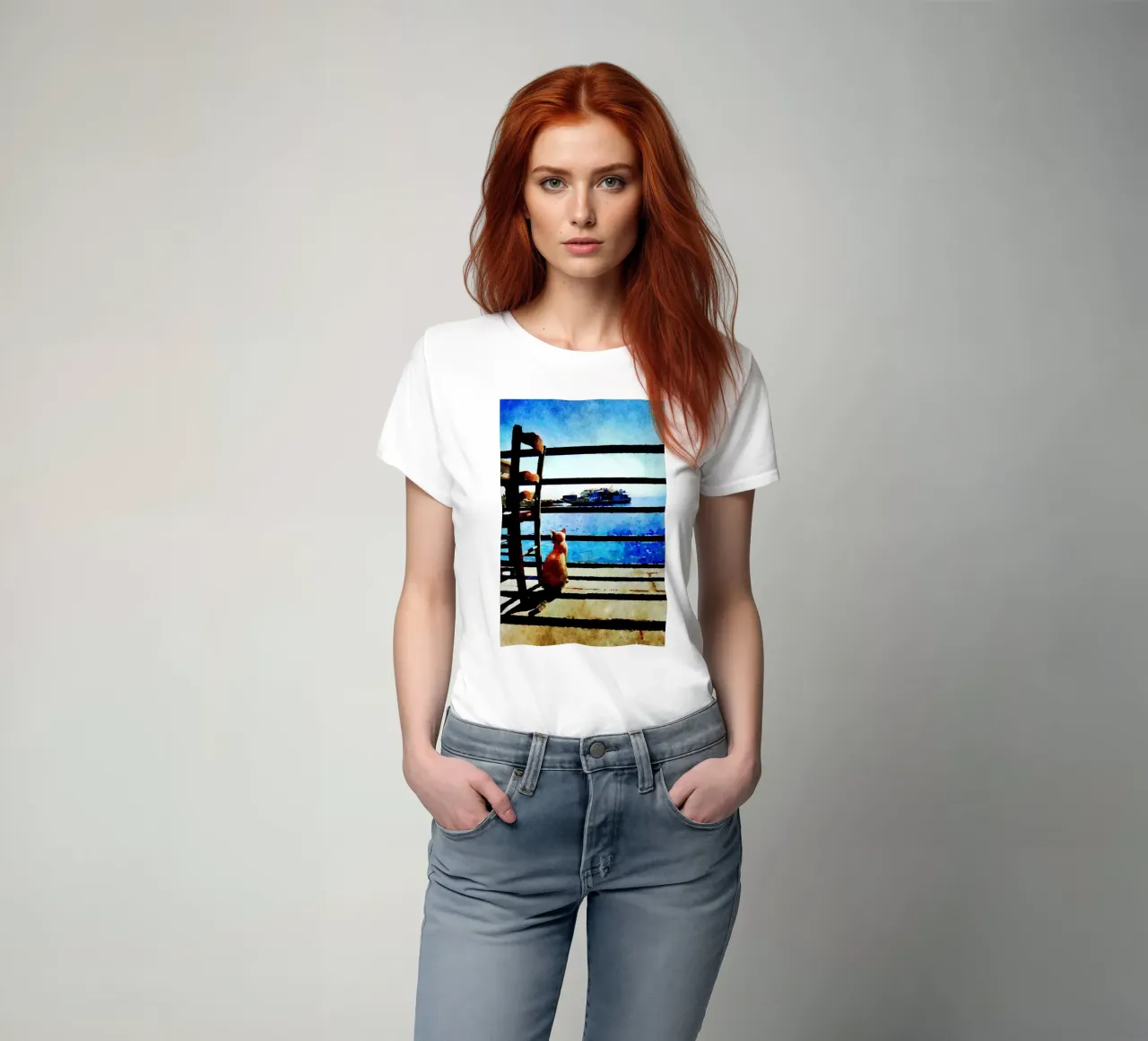 Gatto e mare in acquerello t-shirt da Massimo Frascogna