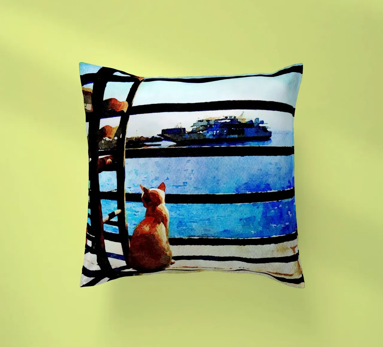 Gatto e mare in acquerello cuscino da Massimo Frascogna