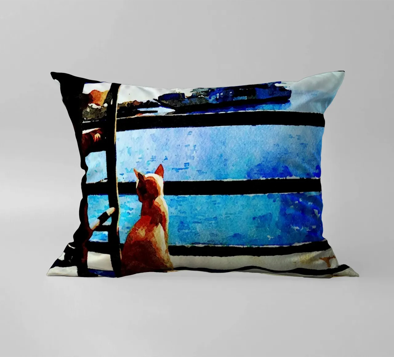 Gatto e mare in acquerello cuscino da Massimo Frascogna
