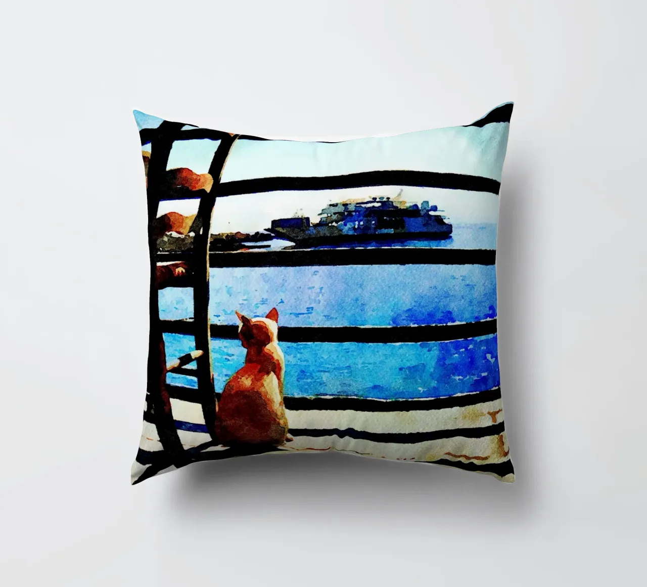 Gatto e mare in acquerello cuscino da Massimo Frascogna