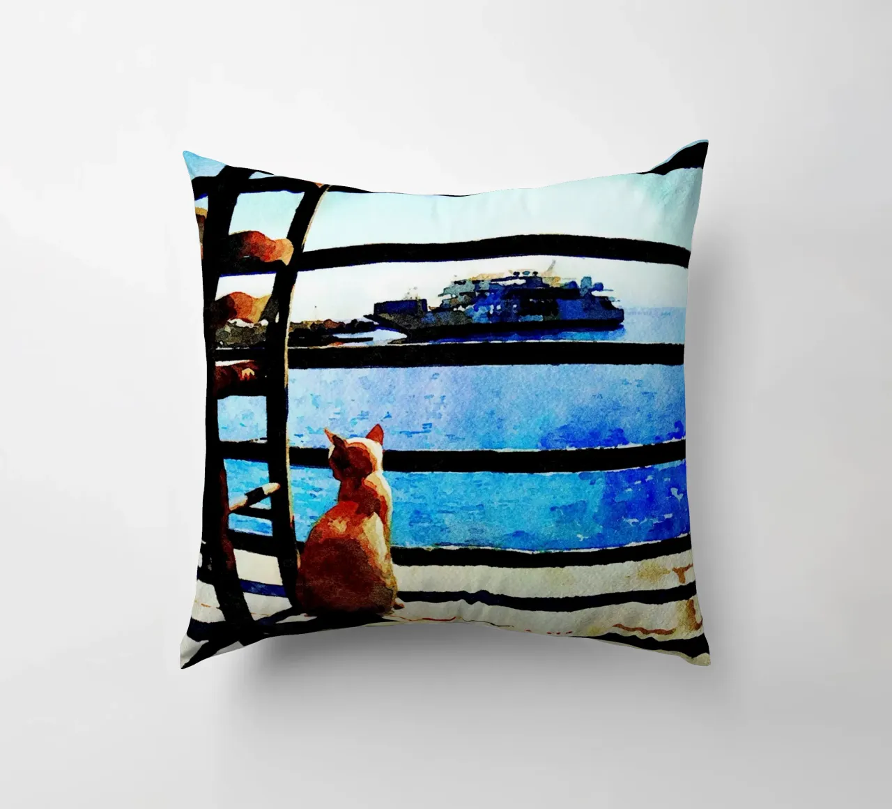 Gatto e mare in acquerello cuscino da Massimo Frascogna