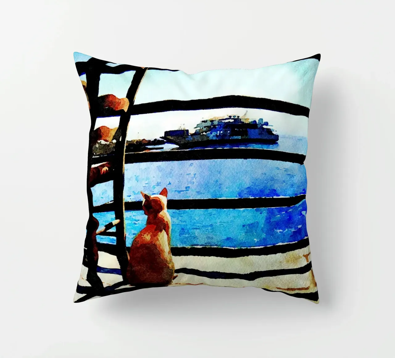 Gatto e mare in acquerello cuscino da Massimo Frascogna