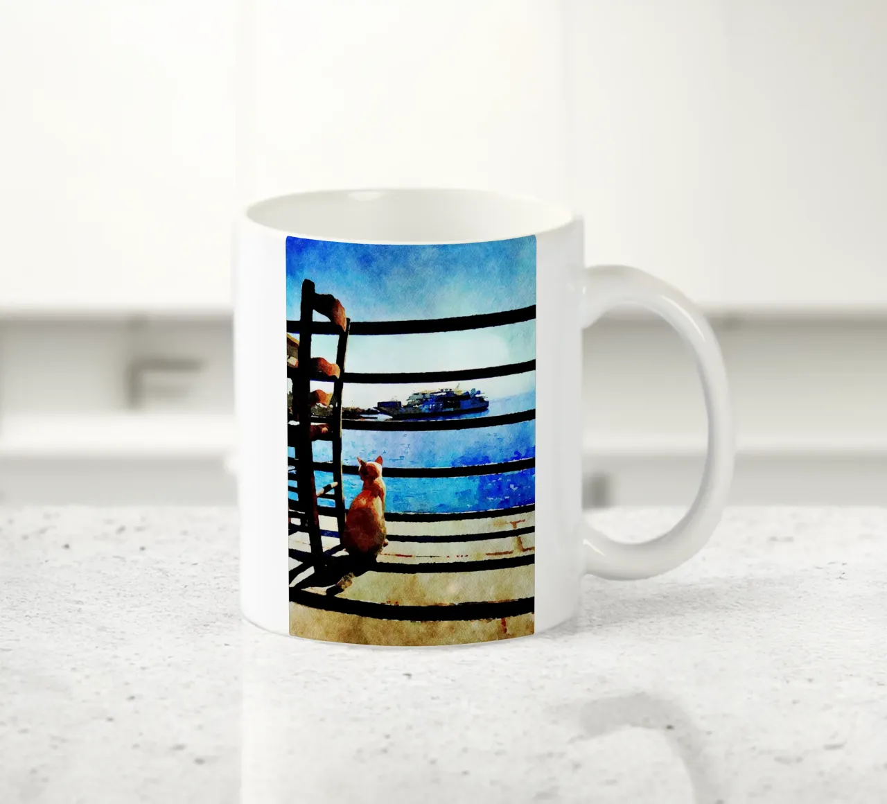 Gatto e mare in acquerello tazza in ceramica da Massimo Frascogna