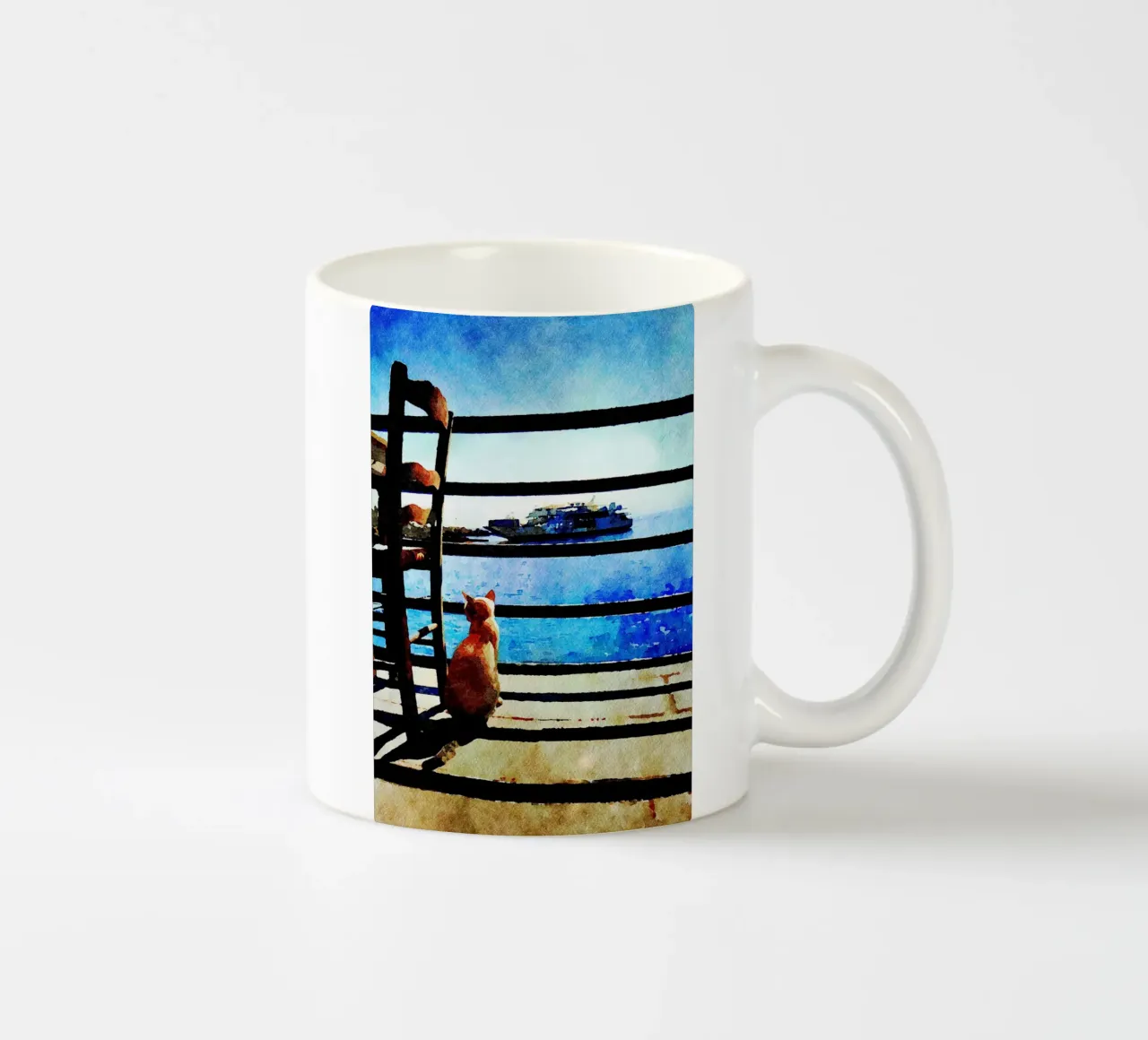 Gatto e mare in acquerello tazza in ceramica da Massimo Frascogna