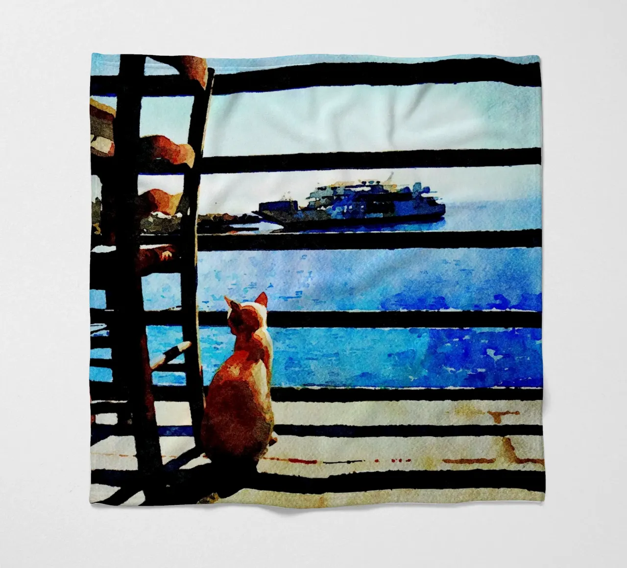 Gatto e mare in acquerello coperta in pile da Massimo Frascogna